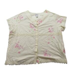 Aria Womens 2X Cream Floral Print Button Front Short Sleeve Lace Trim Top